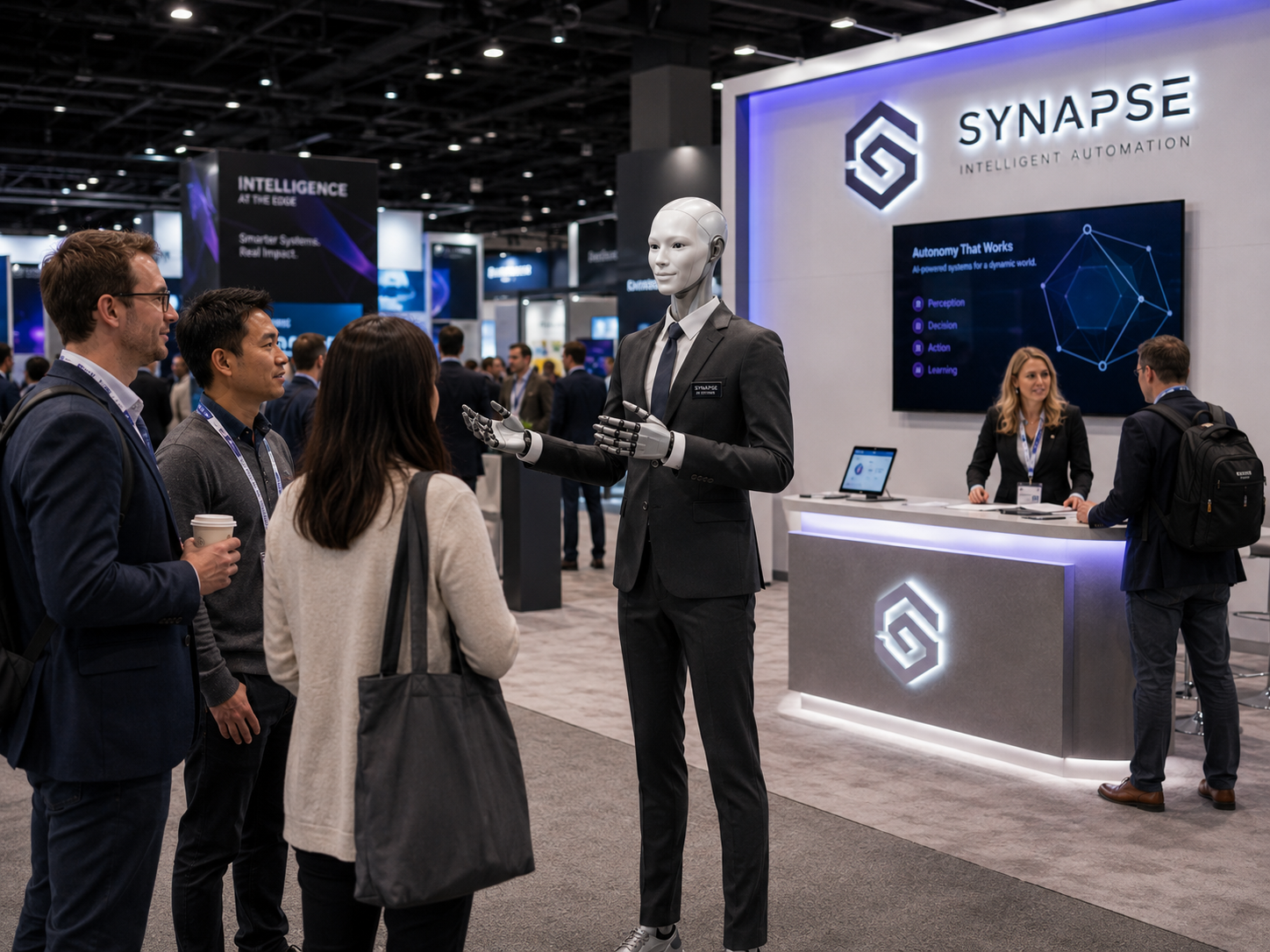 Humanoid robot presenting at a technology conference booth