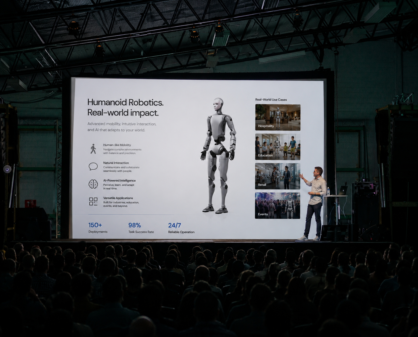Speaker presenting humanoid robotics on stage to a packed audience